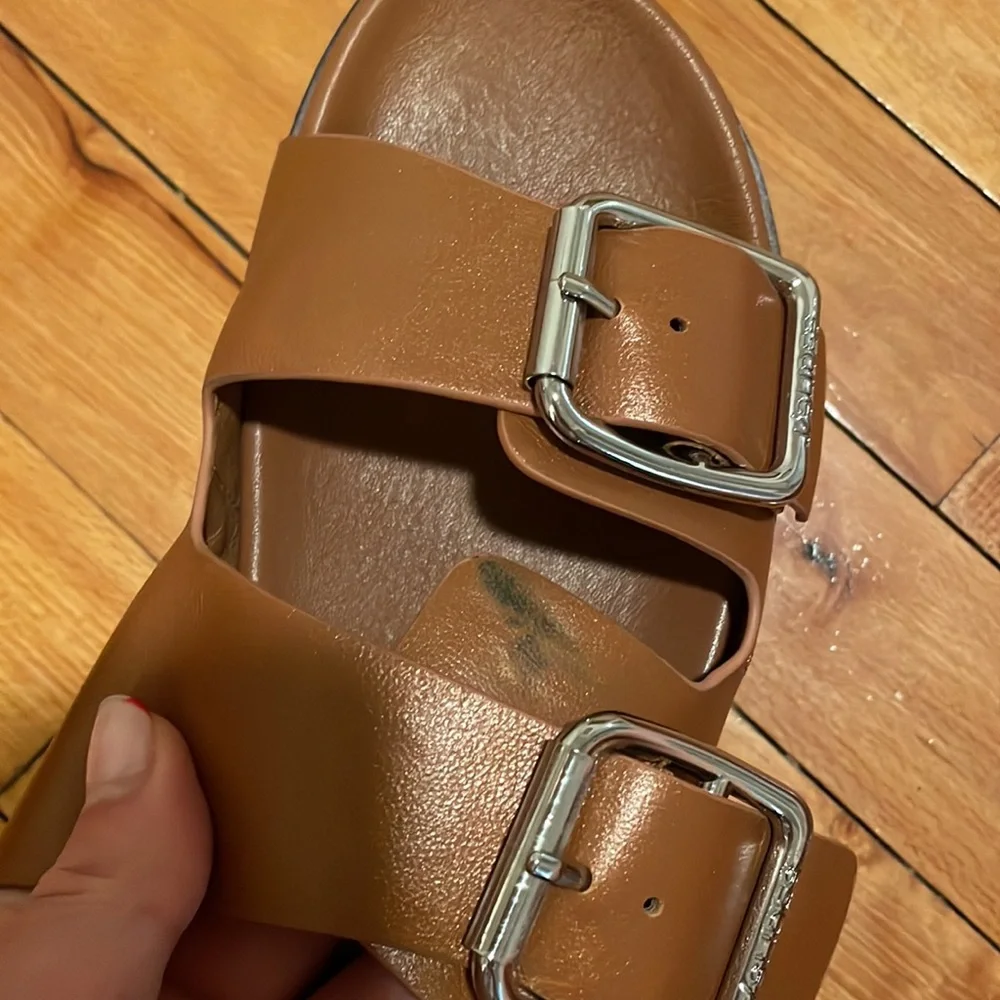 J Slides Brown Double Buckle Platform Sandals